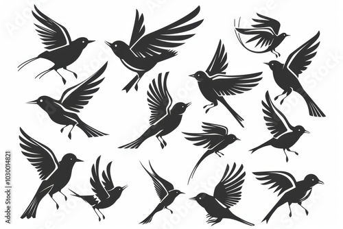 Bird icon set, black and white silhouettes, sparrow symbols, bird sign collection, graffiti spray