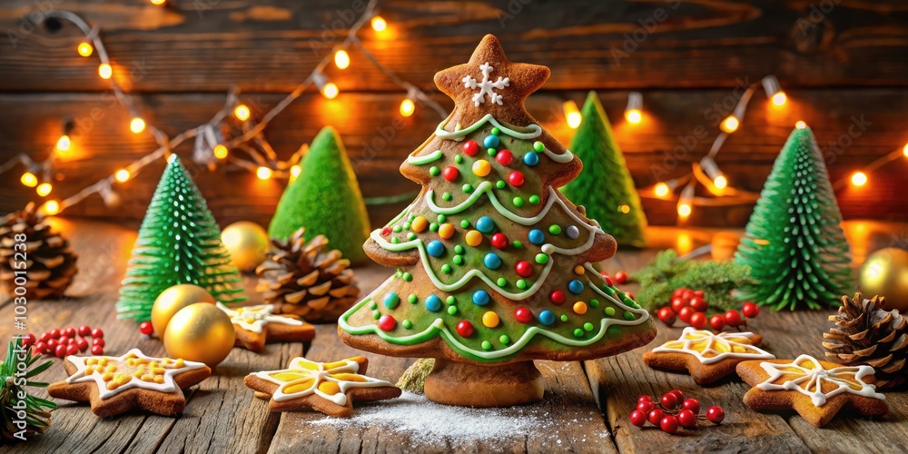 Naklejka premium Celebrate the holidays with delightful gingerbread cookies shaped as trees and stars, a festive treat to share with loved ones. Bake joy and cheer!