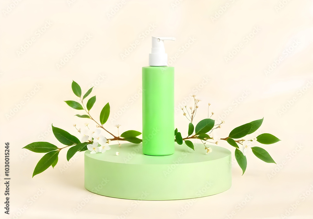 Minimalist Beauty Product Mockup with Green Bottle and Leaves Minimalist Beauty Product Mockup with Green Bottle and Leaves