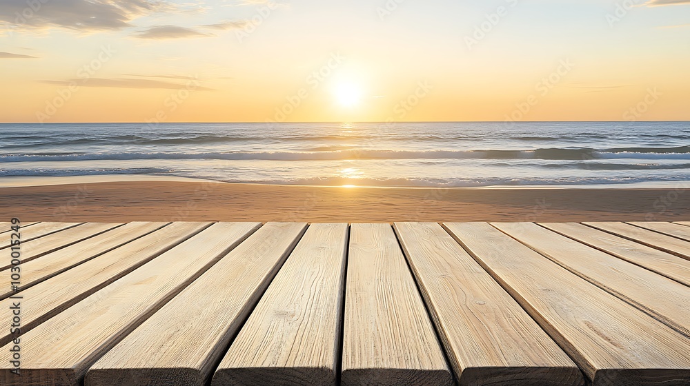Wooden Deck with Beach and Sunset Background for Summer Product Display Minimalist White Background with Space for Text Wooden Deck with Beach and Sunset Background for Summer Product Display Minimalist White Background with Space for Text