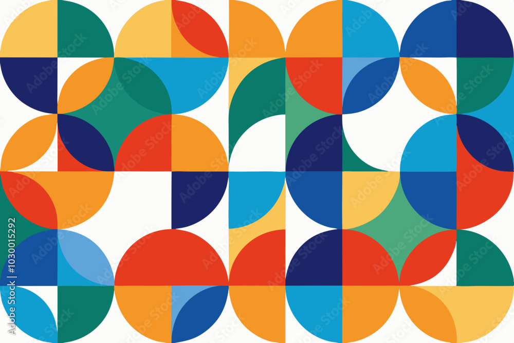 Design a modern geometric vector pattern using overlapping circles and squares in various colors. Keep the background white for a contemporary look, suitable for wallpapers or textiles Design a modern geometric vector pattern using overlapping circles and squares in various colors. Keep the background white for a contemporary look, suitable for wallpapers or textiles