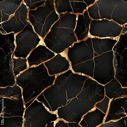 Gold Black Seamless Pattern, Golden Luxury Kintsugi Texture Tile, Vantablack with Gold Metal Endless Pattern