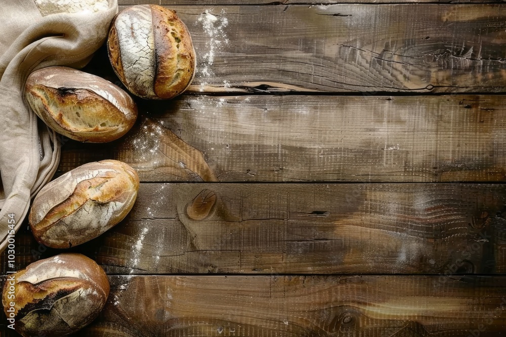Top View of Freshly Baked Bread on Wooden Table with a place for text. AI generative Top View of Freshly Baked Bread on Wooden Table with a place for text. AI generative