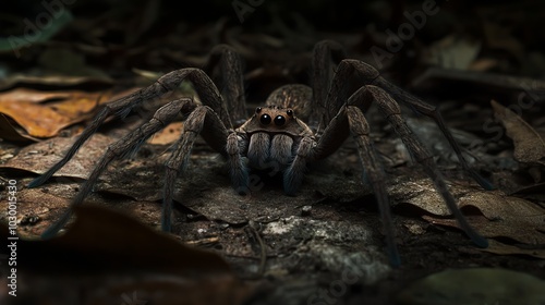 Glowing Eyes of a Spider in Dark Environment