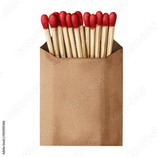 A brown paper bag with a bunch of red and orange matches inside