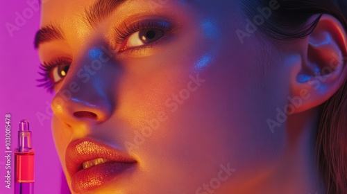 Radiant Glow: A close-up portrait of a young woman, bathed in vibrant neon lighting, gazing confidently at the camera, holding a vial of serum, symbolizing beauty, rejuvenation, and skincare. 