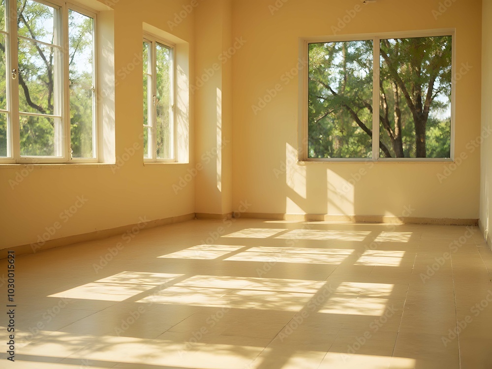Fototapeta premium A spacious room featuring a vast window Sunlight casts a lengthy shadow onto the wall and floor