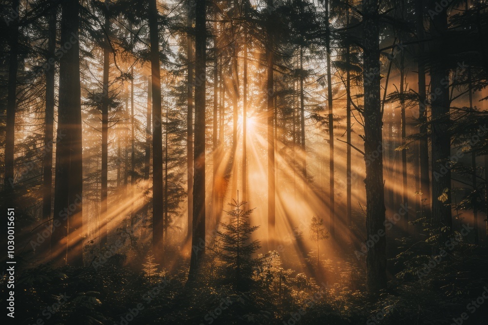 Obraz premium Sunlight Streaming Through a Forest Canopy. AI generative