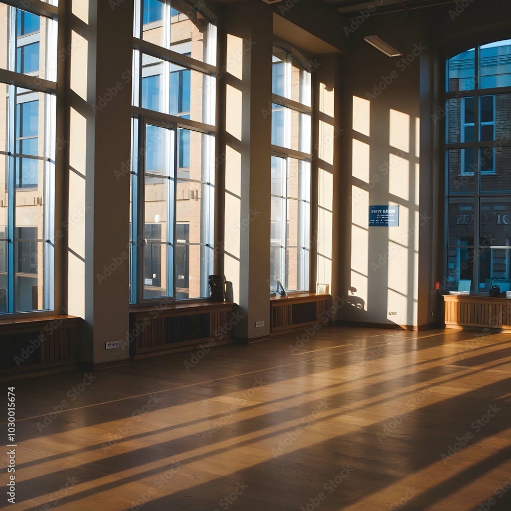 A spacious room featuring a vast window Sunlight casts a lengthy shadow onto the wall and floor A spacious room featuring a vast window Sunlight casts a lengthy shadow onto the wall and floor