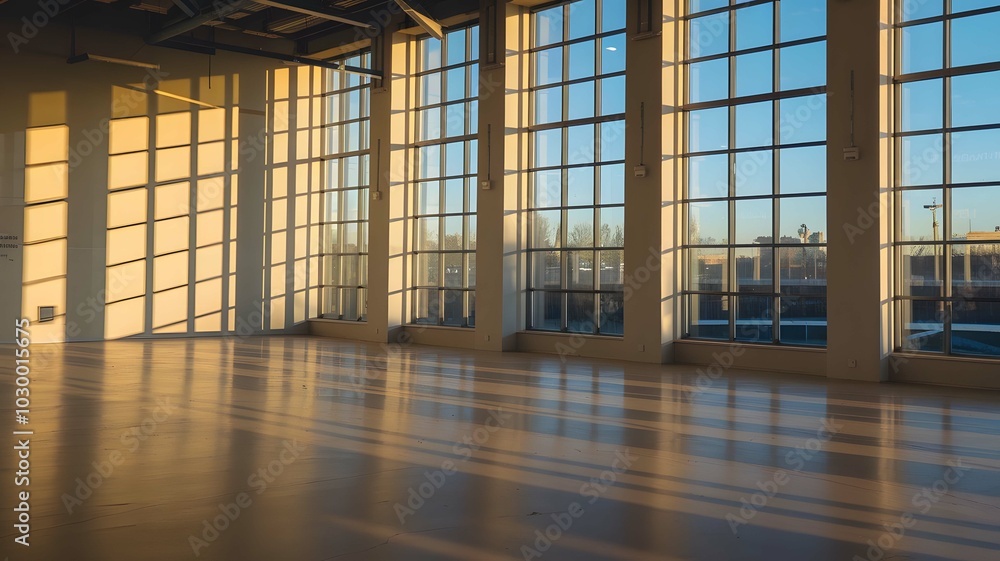A spacious room featuring a vast window Sunlight casts a lengthy shadow onto the wall and floor A spacious room featuring a vast window Sunlight casts a lengthy shadow onto the wall and floor