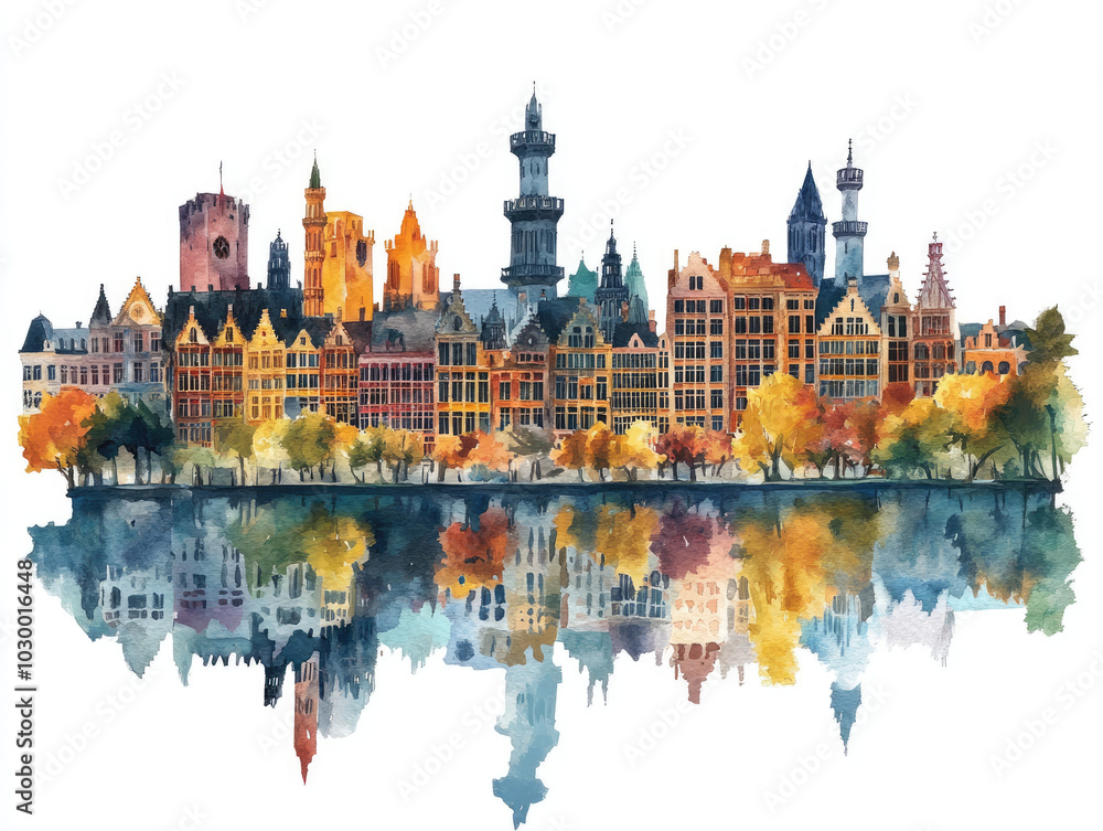 Fototapeta premium Belgium, Charming European town with spires and autumn reflections