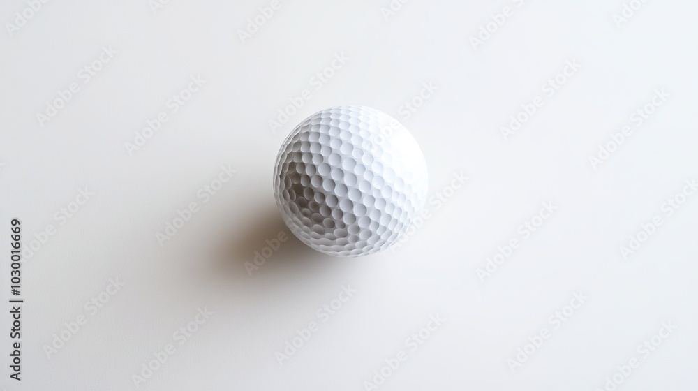 Golf ball sits alone on a white background. Isolated image with no other objects in the frame. Ball is perfectly round and white, with dimples covering its surface. Background is completely white Golf ball sits alone on a white background. Isolated image with no other objects in the frame. Ball is perfectly round and white, with dimples covering its surface. Background is completely white