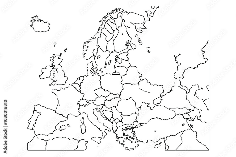 Fototapeta premium European Union map of black contour curves of illustration. Raster copy.world map outline, linear doodle illustration.