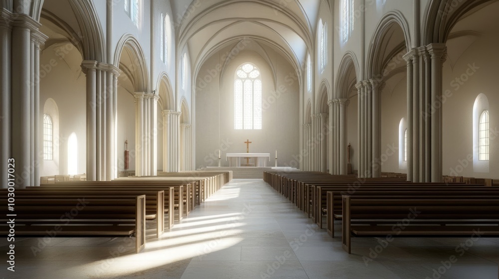 Fototapeta premium Serene Interior of a Bright Cathedral Space