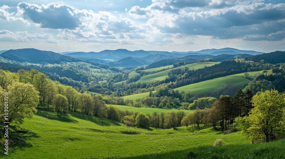 A panoramic view of a lush green valley surrounded by rolling hills and a blue sky with white clouds. A panoramic view of a lush green valley surrounded by rolling hills and a blue sky with white clouds.