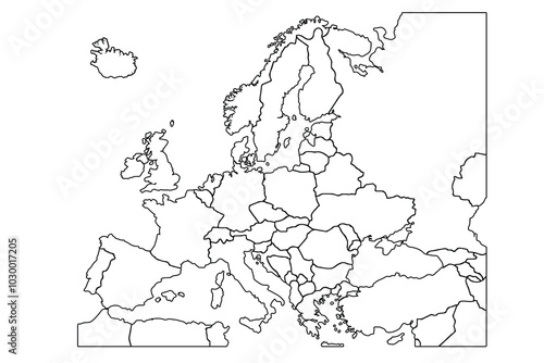 Europe map with countries outline for presentations, posters, infographics.world map outline, linear doodle illustration.