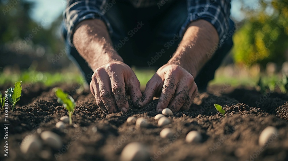 Farmer Planting Potatoes in the Garden Farmer Planting Potatoes in the Garden