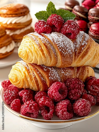 Vintage French Pastry with Raspberries Top View