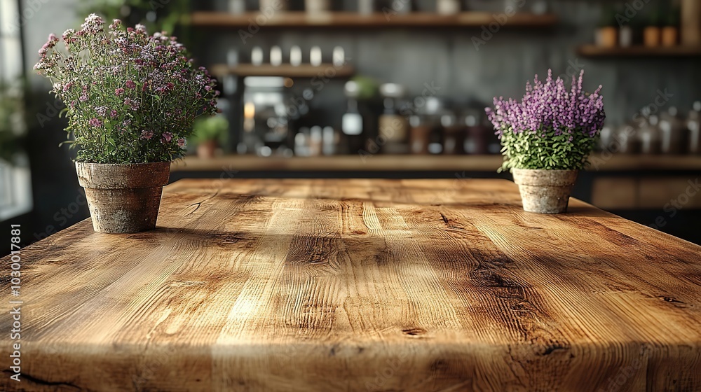 Fototapeta premium Wooden table in a coffee shop, set behind the counter.