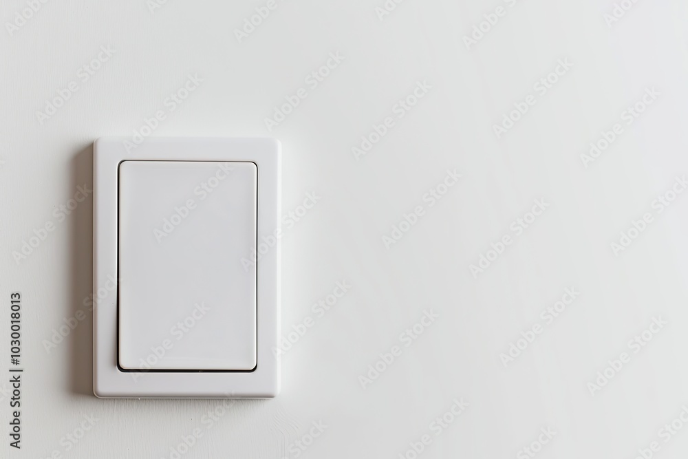 White light switch on white painted wall. Square shaped rocker switch paddle. Simplicity light switch box in Interior, gateway to illumination. Hit the lights. Saving electrical energy. Copy Space White light switch on white painted wall. Square shaped rocker switch paddle. Simplicity light switch box in Interior, gateway to illumination. Hit the lights. Saving electrical energy. Copy Space