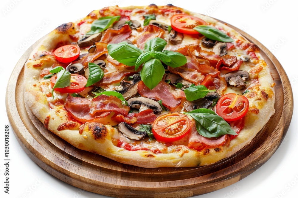 Canadian Pizza or Regina with Bacon, Tomatoes, Boletus Mushrooms, Fresh Basil, Tomato Sauce Canadian Pizza or Regina with Bacon, Tomatoes, Boletus Mushrooms, Fresh Basil, Tomato Sauce
