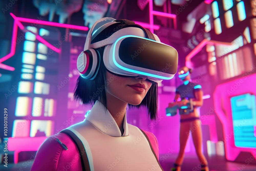 Woman in VR Glasses Immersed in Futuristic Virtual Reality Environment - Perfect for Tech Promotions and Modern Designs Woman in VR Glasses Immersed in Futuristic Virtual Reality Environment - Perfect for Tech Promotions and Modern Designs