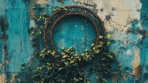 Rustic Circular Frame with Ivy on Weathered Wall