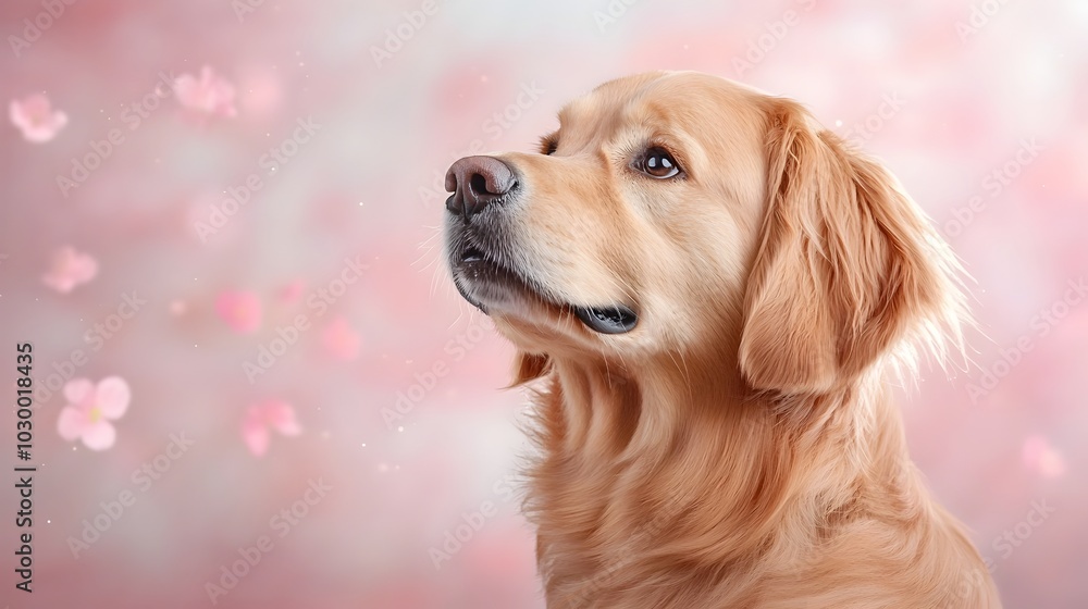 Obraz premium Closeup portrait of a playful and adorable golden retriever puppy capturing its cheerful expression and friendly demeanor against a soft pastel toned pink background with a subtle textured effect