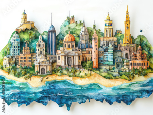 Brazil, Vibrant collage of famous city skylines with tropical landscape 