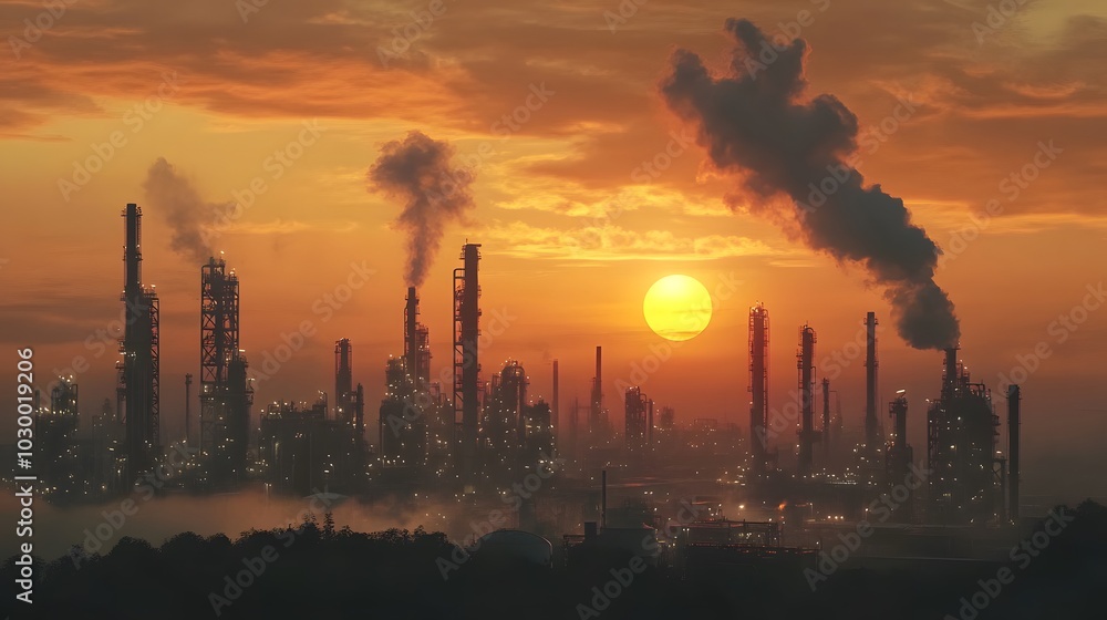 A city skyline with a large industrial plant in the middle. The sky is orange and the sun is setting A city skyline with a large industrial plant in the middle. The sky is orange and the sun is setting