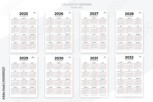 Simple calendar 2025, 2026, 2027,2028, 2029, 2030, 2031, 2032 set collection vector background design