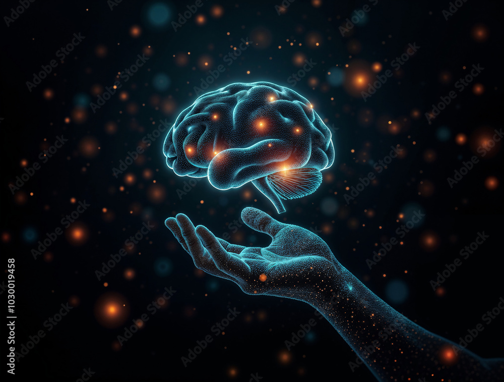 Fototapeta premium digital artificial intelligence, hand made of neurons holds brain on black background. Generative AI