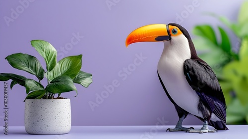 Captivating studio shot of a toucan perched against a vibrant bright purple sci fi inspired backdrop emphasizing the bird s striking beak and colorful feathers in a tetradic color scheme photo