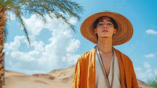 Japanese man wearing traditional Uyghur ethnic cloth at desert with palm tree photo