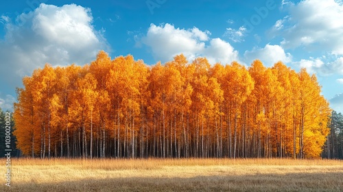 Beautiful autumn forest with golden foliage against a bright blue sky.