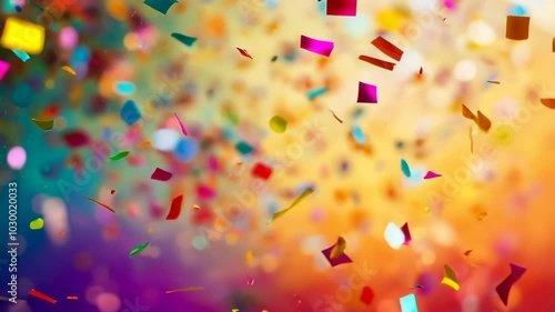 Colorful confetti falls through the air, creating a festive atmosphere