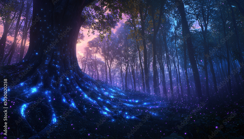 Fototapeta premium A dense forest at twilight, with tree roots and branches glowing faintly with a bioluminescent light