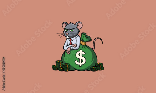Greedy rat in a suit leaning on a bag of money with coins.