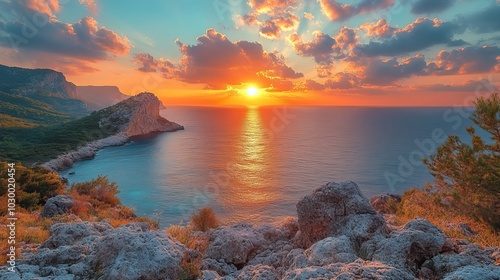 Sunset view with a rough stone coast in the foreground over the ocean.