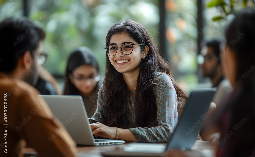 indian students in the office, with one student sitting at her laptop, smiling and looking directly into the camera indian students in the office, with one student sitting at her laptop, smiling and looking directly into the camera