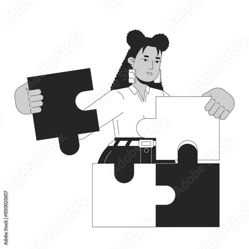 Jigsaw problem solving black and white 2D illustration concept. Strategy puzzles connecting. Latina woman strategist outline character isolated. Strategic management metaphor monochrome vector art