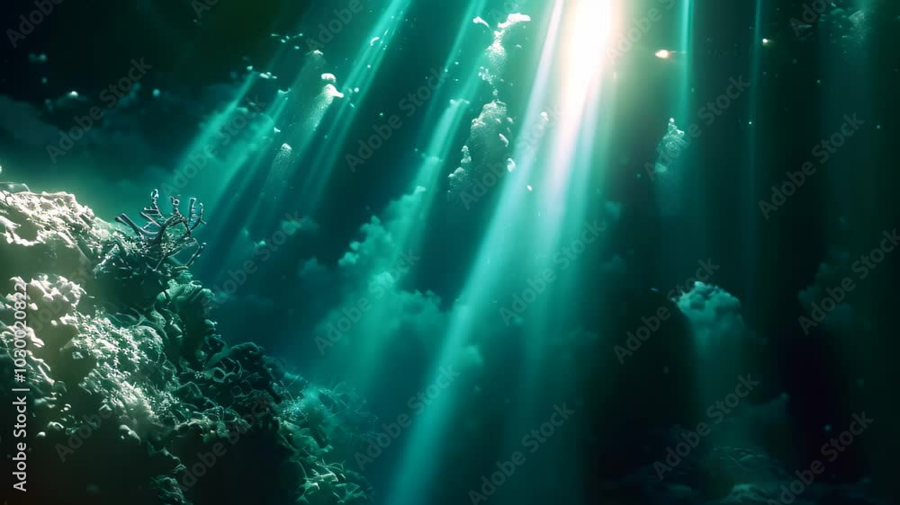A haunting and surreal view of an underwater abyss with a deep blue, topaz-like hue, The eerie beauty of a deep-sea abyss A haunting and surreal view of an underwater abyss with a deep blue, topaz-like hue, The eerie beauty of a deep-sea abyss