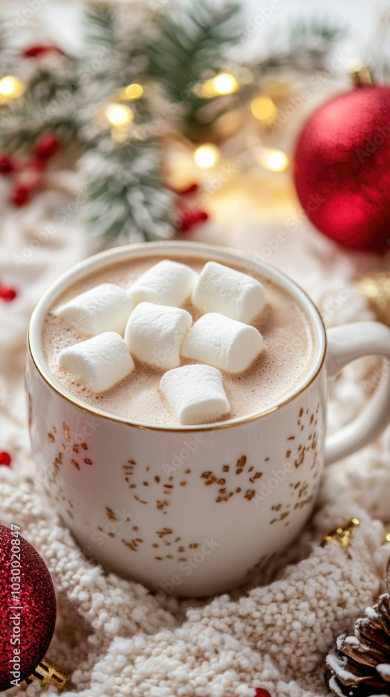 cozy close up of hot cocoa mug topped with fluffy marshmallows, surrounded by festive decorations, creating warm and inviting atmosphere perfect for winter cozy close up of hot cocoa mug topped with fluffy marshmallows, surrounded by festive decorations, creating warm and inviting atmosphere perfect for winter