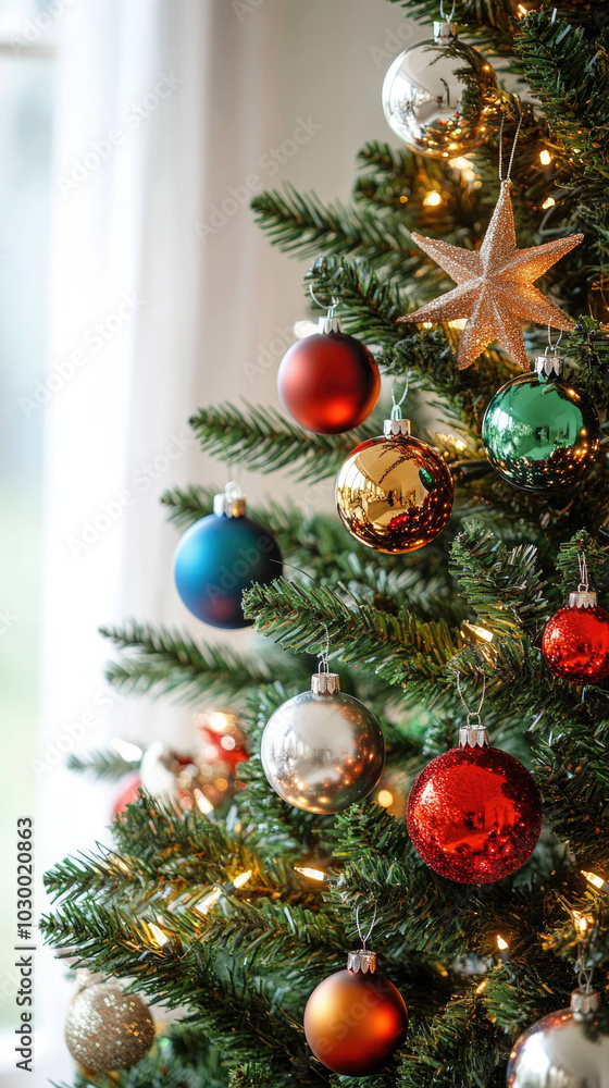 close up of beautifully decorated Christmas tree adorned with colorful ornaments and twinkling lights, creating warm and festive atmosphere close up of beautifully decorated Christmas tree adorned with colorful ornaments and twinkling lights, creating warm and festive atmosphere