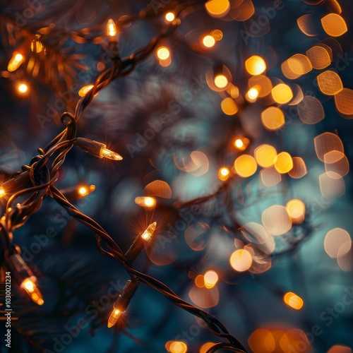 Christmas Garland on Blurred Background, Color Bokeh Circles, Beautiful Blur Xmas Night Lights Mockup photo