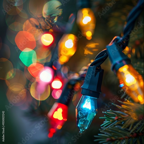 Christmas Garland on Blurred Background, Color Bokeh Circles, Beautiful Blur Xmas Night Lights Mockup photo