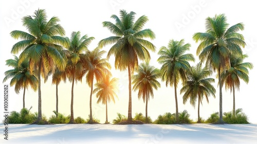 Green coconut trees with different stems isolated on a white background.