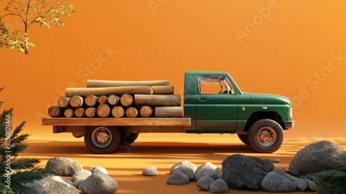 3D rendering of a green pickup truck with a platform for transporting wood