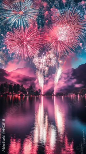 stunning fireworks display illuminates night sky over tranquil lake, reflecting vibrant colors and creating magical atmosphere. scene captures joy and celebration of festive occasion