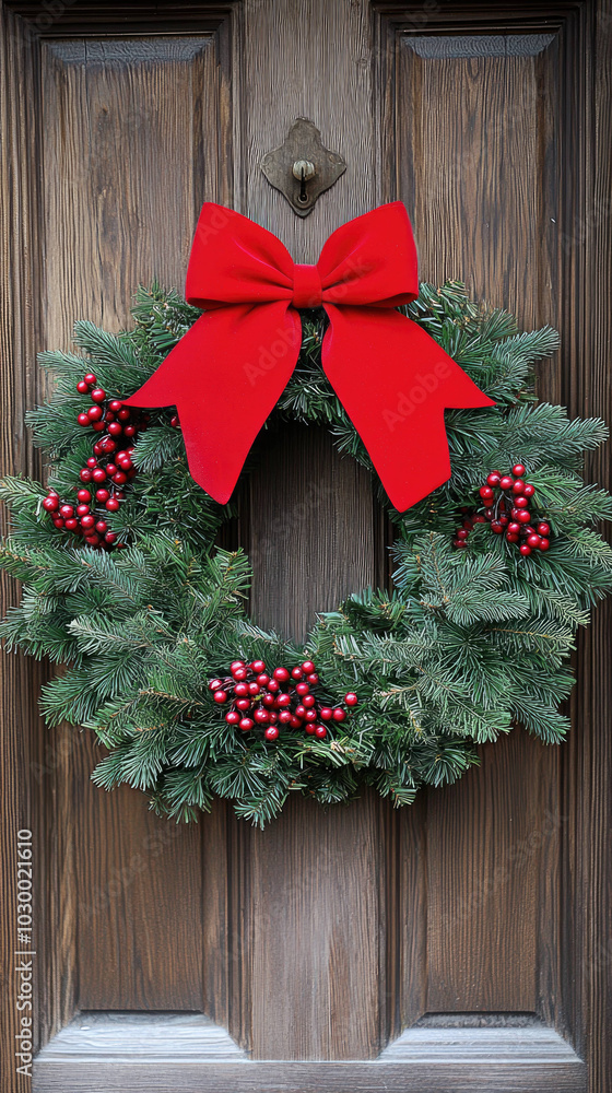 festive wreath made of pine branches, adorned with red berries and vibrant red bow, adds cheerful touch to any door. This beautiful decoration is perfect for holiday season festive wreath made of pine branches, adorned with red berries and vibrant red bow, adds cheerful touch to any door. This beautiful decoration is perfect for holiday season